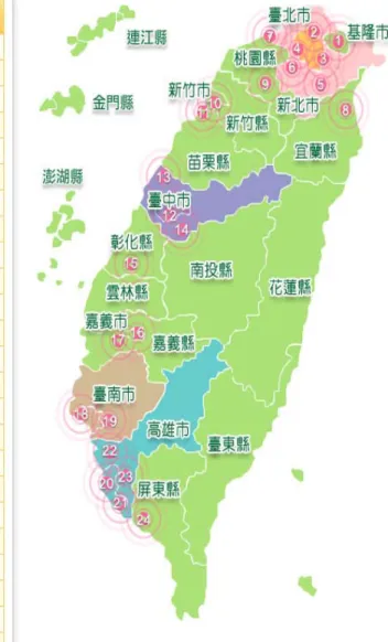圖 2-1-1 臺灣大型垃圾焚化廠分佈圖  資料來源：行政院環境保護署焚化廠營運管理資訊系統，102年。 