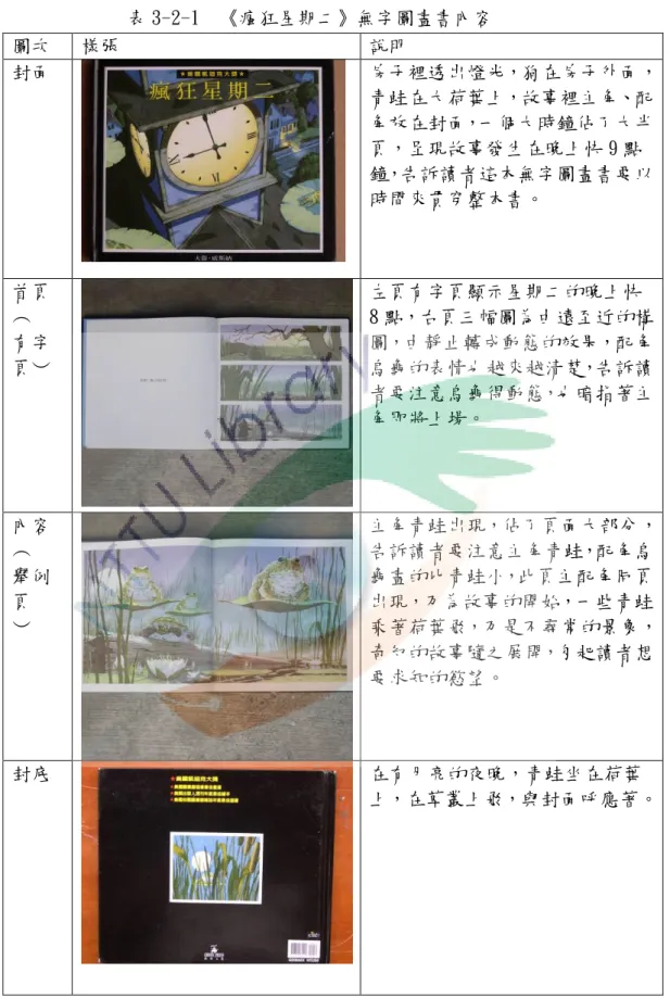 表 3-2-1  《瘋狂星期二》無字圖畫書內容  圖次  樣張  說明  封面  房子裡透出燈光，狗在房子外面， 青蛙在大荷葉上，故事裡主角、配 角放在封面，一個大時鐘佔了大半 頁，呈現故事發生在晚上快 9 點 鐘，告訴讀者這本無字圖畫書要以 時間來貫穿整本書。  首頁 ︵  有字 頁︶  左頁有字頁顯示星期二的晚上快 8 點，右頁三幅圖為由遠至近的構圖，由靜止轉成動態的效果，配角烏龜的表情也越來越清楚，告訴讀 者要注意烏龜得動態，也暗指著主 角即將上場。  內容 ︵  舉例  頁  ︶  主角青蛙出現，佔