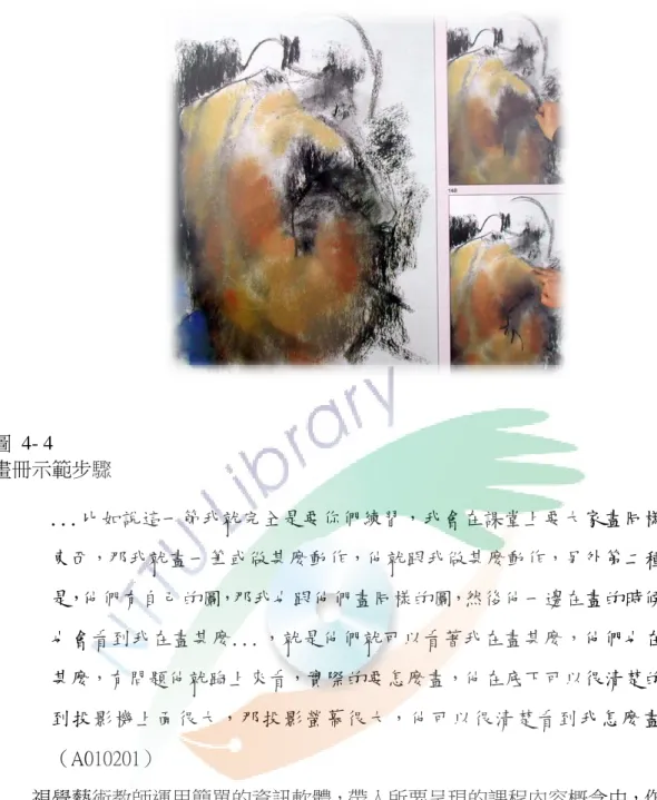 圖  4- 4  畫冊示範步驟  ...比如說這一節我尌完全是要你們練習，我會在課堂上要大家畫同樣的 東西，那我尌畫一筆或做甚麼動作，他尌跟我做甚麼動作，另外第二種尌 是，他們有自己的圖，那我也跟他們畫同樣的圖，然後他一邊在畫的時候， 也會看到我在畫甚麼...，尌是他們尌可以看著我在畫甚麼，他們也在畫 甚麼，有問題他尌跑上來看，實際的要怎麼畫，他在底下可以很清楚的看 到投影機上面很大，那投影螢幕很大，他可以很清楚看到我怎麼畫 。 （A010201）  視覺藝術教師運用簡單的資訊軟體，帶入所要呈現的課程內容概