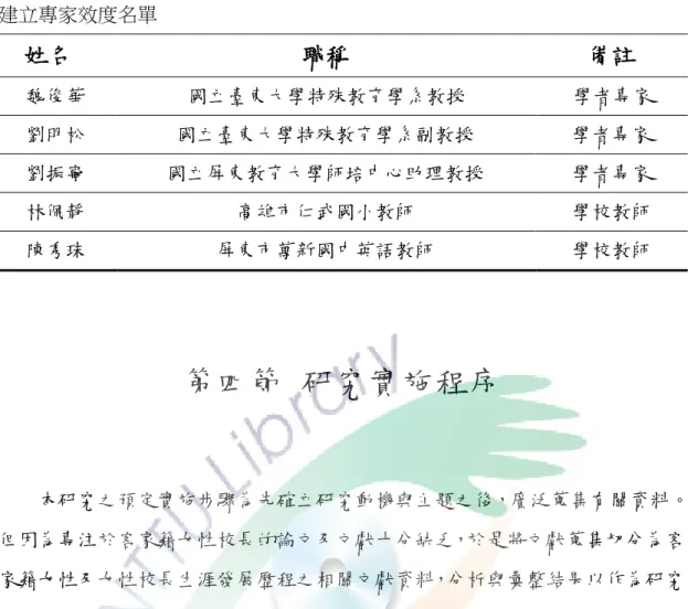 表 3 - 2  建立專家效度名單    姓名  職稱  備註  魏俊華  國立臺東大學特殊教育學系教授  學者專家  劉明松  國立臺東大學特殊教育學系副教授  學者專家  劉振寧  國立屏東教育大學師培中心助理教授  學者專家  林佩靜  高雄市仁武國小教師  學校教師  陳秀珠  屏東市萬新國中英語教師  學校教師  第四節  研究實施程序  本研究之預定實施步驟為先確立研究動機與主題之後，廣泛蒐集有關資料。 但因為專注於客家籍女性校長的論文及文獻十分缺乏，於是將文獻蒐集切分為客 家籍女性及女性校長生