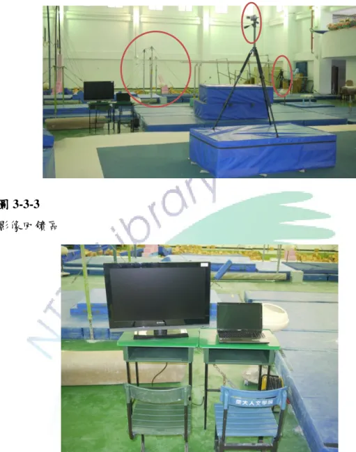 圖 3-3-2  場地實景圖  圖 3-3-3  影像回饋區  第四節  研究流程與步驟  本研究分為兩個實驗，實驗一為探討影像回饋對於單槓個別動作品質的改善 情形，和實驗二心象練習為探討對於單槓整套動作聯結的技能表現的影響，分述 如下：  一、實驗一：影像回饋對於單槓個別動作品質的改善情形。實驗一流程如圖3-4-1  所示： 