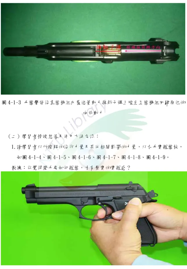圖 4-1-3 手槍擊發後靠槍機組內覆進簧動力推新子彈上膛直至槍機組回歸原位的 向前動力  （二）學習者情境想像及使用方法交流：  1.請學習者以所瞭解的後作力量及其他相關影響的力量，以右手實握槍枝， 如圖 4-1-4、圖 4-1-5、圖 4-1-6、圖 4-1-7、圖 4-1-8、圖 4-1-9。  教練：你覺得雙手要如何握槍，才有紮實的實握感？  圖 4-1-4 右手握槍，左手以環抱式握住右手掌（左面圖） 