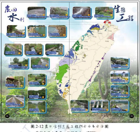 圖 2-12 農田水利生態工程部分成果分佈圖  資料來源：農業工程研究中心(2009)。  農田水利生態工程歷經不遺餘力推動，來自獲奬之肯定成效，包含：優良農建 奬、公共工程金質奬，共計 17 件案例，詳如表 2-7 所示，前者有宜蘭、桃園、嘉南 及台東水利會計 15 件，後者係宜蘭及台東水利會計 2 件。優良農建奬，是全國農業 領域(包含農林漁牧)年計超過萬件大小工程，透過相當程度之嚴格評選，最後脫穎 而出之佼佼者；公共工程金質奬，則屬全國層次，含跨交通、國防、經濟、水利、 環境、農業等各層級部會公共工程