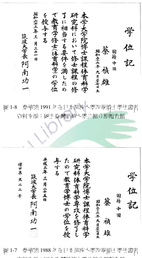 圖 1-7  蔡禎雄 1988 年在日本筑波大學取得碩士學位證書  資料來源：國立臺灣師範大學公館分部體育館  圖 1-8  蔡禎雄 1991 年在日本筑波大學取得博士學位證書 