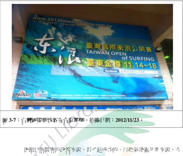 圖 3-7：台灣國際衝浪賽在台東舉辦，拍攝日期：2012/11/23。  依照目前縣府的政策來說，似乎是成功的。以熱氣球嘉年華來說，今 年 2012 年比去年 2011 年成長了近 3 倍的經濟效益。  「如果舉 2011 熱氣球嘉年華活動為例，那時候的產值大約是五億元新 台幣，到 2012 第二屆熱氣球嘉年華已經成長到十三億的經濟效益。成長 幅度算蠻大的，未來或許還會更增加。」(A2)  目前台東的 3D 旅遊城市尚屬於發展階段，其成效有待觀察，但依目 前的成果來說，算是得到相當不錯的成績。 