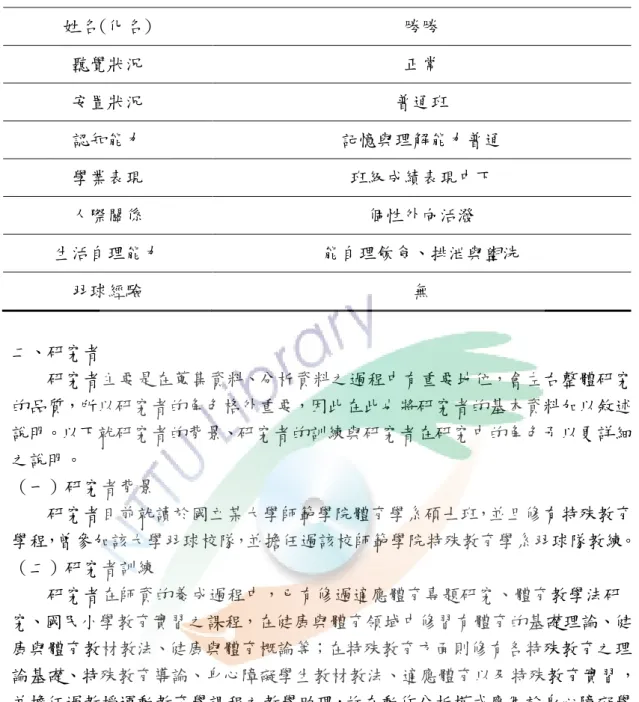 表 3-3-1 研究對象基本資料表（續）  姓名(化名)  勝勝  聽覺狀況  正常  安置狀況  普通班   認知能力  記憶與理解能力普通  學業表現  班級成績表現中下  人際關係  個性外向活潑  生活自理能力  能自理飲食、排泄與盥洗  羽球經驗  無  二、研究者      研究者主要是在蒐集資料、分析資料之過程中有重要地位，會左右整體研究 的品質，所以研究者的角色格外重要，因此在此也將研究者的基本資料加以敘述 說明。以下就研究者的背景、研究者的訓練與研究者在研究中的角色予以更詳細 之說明。  