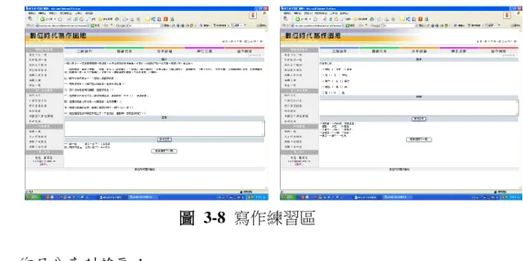 圖  3-8  寫作練習區  六、  作品分享討論區：   分享、互動與回饋具有鷹架的刺激與強化作用。社會互動理論也是寫作教學 重要的一環。學生完成作品之時通常都會想與同儕分享，希望能獲得回饋，以強 化其後續行為之動能。此平台提供學生完成作品之發表與分享的園地，同時提供 同儕的回饋與討論空間，學生可發揮同儕相互檢視、評估與修正的功能，同時提 升學生鑑賞文章的能力。（見圖3-9）  圖  3-9 作品分享討論區 