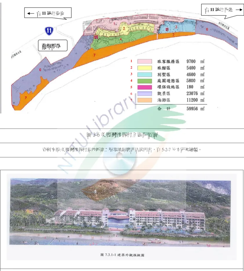 圖 3-6 美麗灣渡假村全區配置圖 資料來源:美麗灣渡假村基地新建工程環境影響評估說明書，頁 5-2-7 及本研究繪製。 圖 3-7 美麗灣渡假村全區配置構想圖 資料來源:美麗灣渡假村基地新建工程環境影響評估說明書，頁 7-3-1。5671234        台 11 線往臺東 台 11 線往花蓮 莿桐部落 