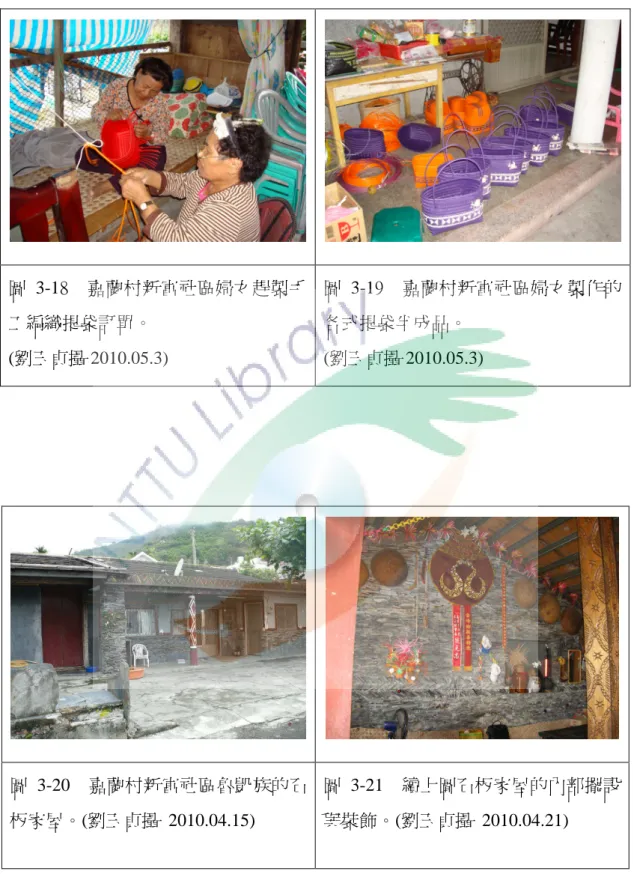 圖 3-18  嘉蘭村新富社區婦女趕製手 工編織提袋訂單。  (劉玉貞攝 2010.05.3)  圖 3-19  嘉蘭村新富社區婦女製作的各式提袋半成品。 (劉玉貞攝 2010.05.3)  圖 3-20  嘉蘭村新富社區魯凱族的石 板家屋。(劉玉貞攝  2010.04.15)  圖 3-21  續上圖石板家屋的內部擺設與裝飾。(劉玉貞攝  2010.04.21) 