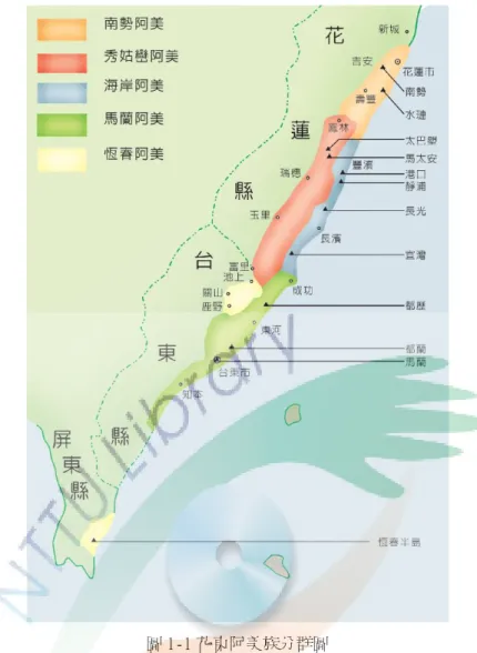 圖 1-1 花東阿美族分群圖  資料來源：http://blog.yam.com/sware1786/article/37937318 