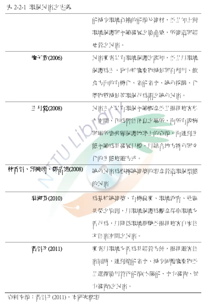 表 2-2-1  環保民宿之定義          能減少環境負擔的能源及建材，並且加上對 環境保護與永續發展之使命感，所建造與經 ㄝ營之民宿。  廖子萱 廖子萱廖子萱 廖子萱(2006)(2006) (2006)    (2006) 民宿業者具有環境保護之認知，並且以環境 保護為主，致力於廢棄物減量與再利用、飲 食方面的有機化、省能省水、綠色採購、化 學物質減量等環保行為謂之綠色民宿。  王月鶯王月鶯王月鶯 王月鶯(2008(2008 (2008))))    (2008 民宿主人具有環保永續概念並且提供