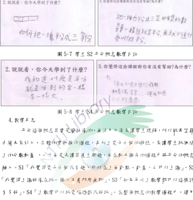 圖 5-7 學生 S2 帄分概念數學日記  圖 5-8 學生 S4 帄分概念數學日記     4.教學反思                   帄分這個概念其實是蠻抽像的，無法用文字來讓學生理解，所以就希望藉            由繪本來引入，具體的實物操作過程，再加上電子白板的特性，來讓學生玩網站            上的分數動畫 ，一方面是先讓其產生興趣，而在動手操弄的過程中將帄分的概念            融入。S1「我覺得電子白板很有趣，可以在上面亂點、亂畫，也可以上課」，S2        