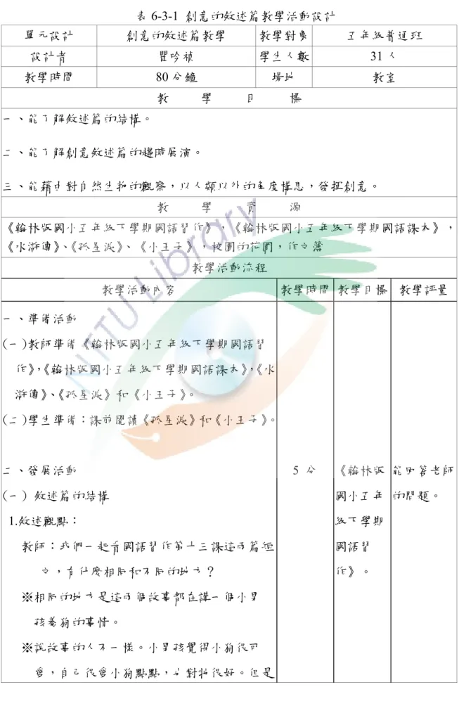 表 6-3-1 創意的敘述篇教學活動設計  單元設計  創意的敘述篇教學  教學對象 五年級普通班  設計者  瞿吟禎  學生人數 31 人  教學時間  80 分鐘  場地  教室  教     學     目     標  一、能了解敘述篇的結構。  二、能了解創意敘述篇的趨時展演。  三、能藉由對自然生物的觀察，以人類以外的角度構思，發揮創意。  教     學     資     源  《翰林版國小五年級下學期國語習作》，《翰林版國小五年級下學期國語課本》， 《水滸傳》 、 《孤星淚》 、《小王子》