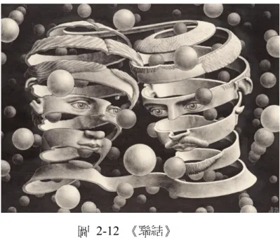 圖 2-12 《聯結》  資料來源：M.C.Escher，艾薛爾的幻覺藝術，1995，頁 46  二、在視知覺中的線條與輪廓  輪廓，亦稱為外形圖，並非實際存在於現實物體上。萬物中其生命體或非生 命體以具體的三維空間存在，為了記錄在二維空間的平面上，透過線條描繪界定 出一個形體，此圖形稱為輪廓，而圍繞的線條則稱為輪廓線（outline） ，換言之， 輪廓是一種邊界的概念。  筆者透過以下的圖片具體說明，以蝴蝶為例（圖2-13）是人們所熟悉的形體， 包含色彩、軀體厚度皆清楚地呈現，若將蝴蝶的外型特徵透過線條描