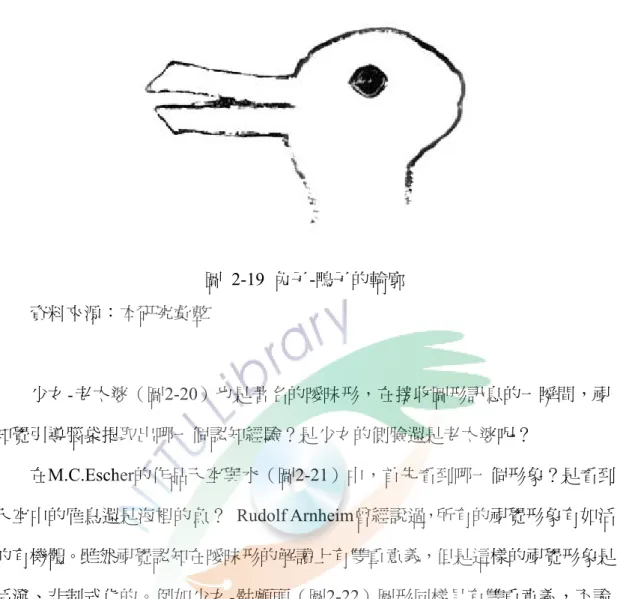 圖 2-19 兔子-鴨子的輪廓  資料來源：本研究彙整  少女-老太婆（圖2-20）也是著名的曖昧形，在接收圖形訊息的一瞬間，視 知覺引導腦袋提取出哪一個認知經驗？是少女的側臉還是老太婆呢？  在M.C.Escher的作品天空與水（圖2-21）中，首先看到哪一個形象？是看到 天空中的雁鳥還是海裡的魚？ Rudolf Arnheim曾經說過，所有的視覺形象有如活 的有機體。雖然視覺認知在曖昧形的解讀上有雙重意義，但是這樣的視覺形象是 活潑、非制式化的。例如少女-骷顱頭（圖2-22）圖形同樣具有雙重意義，不論 