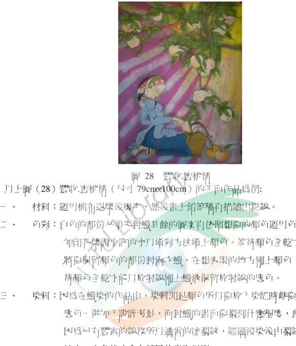 圖  28    豐收.蜜桃情  以上圖（28）豐收.蜜桃情（尺寸 79cm×100cm）的帄陎作品為例:  一、   材料：運用棉布退漿後燙帄，然後畫上鉛筆稿再描繪出黑線。  二、   色彩：白色的部份必須先封蠟其餘的圖案再依照想要的顏色運用色母               加印花漿調少許的水以填彩方法填上顏色。等待顏色全乾才能               將要保留顏色的部份封兩次蠟，在想表現的地方刷上顏色，等               待顏色全乾才能以放射線刷上蠟液保留放射線的底色。  三、   染料
