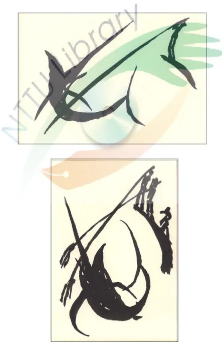 圖 3.6（上） 、圖 3.7（下）利用剪影式的素寫探究簡化與抽象的習作，林上奇，紙、水墨，2011 