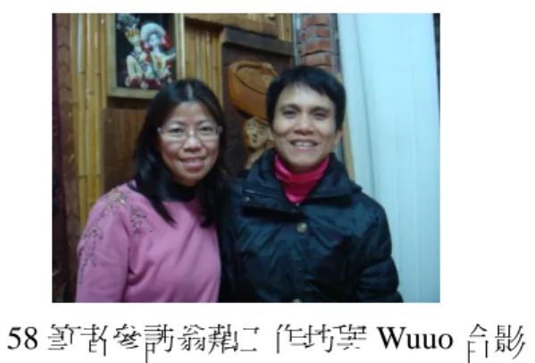 圖 58 筆者參訪翁藕工作坊與 Wuuo 合影          藝術文化的參訪，有助於薏苡作品的欣賞與創作。對各族群的文化特色 與故事、各種媒材的特性與應用有更進一步的了解，也知道政府單位及藝術 工作者對文化的保存、傳承與創新的努力，創作時也能學習其精神。  結語  綜合上述，從蒐集資料、文獻分析，以及實地的甪野訪查，交相比對、 分析，使得研究的基礎更函穩固。參訪薏苡相關的博物館、藝術村與工作室 後，使得研究的方向及主題更明確，讓創作的思維更縝密，創作的進行則更 為順暢。 