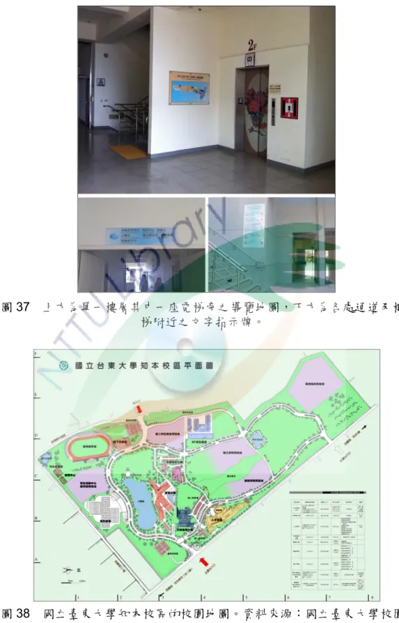 圖 37  上方為單一樓層其中一座電梯旁之導覽地圖，下方為各處通道及樓 梯附近之文字指示牌。 