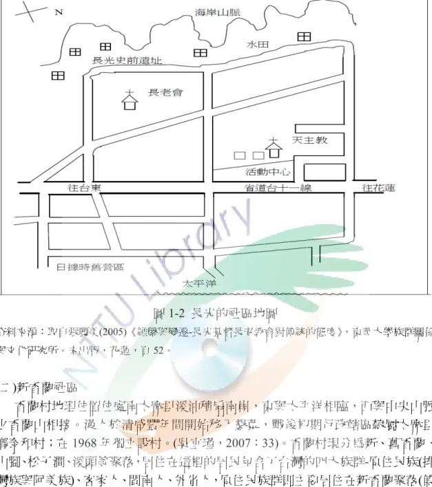 圖 1-2  長光的社區地圖  資料來源：取自張麗美(2005)《維繫與變遷-長光基督長老教會對傳統的態度》，東華大學族群關係 與文化研究所。未出版，花蓮，頁 52。  (二)新香蘭社區                  香蘭村地理位置位處南太麻里溪沖積扇南岸，東與太平洋相臨，西與中央山脈 之香蘭山相接。漢人於清咸豐年間開始移入墾荒，戰後初期行政轄區隸屬太麻里 鄉泰和村；在 1968 年獨立設村。(吳宜瑾，2007：33)。香蘭村現分為新、舊香蘭、 山腳、松子澗、溪頭等聚落，居住在這裡的居民包含了台灣的四大