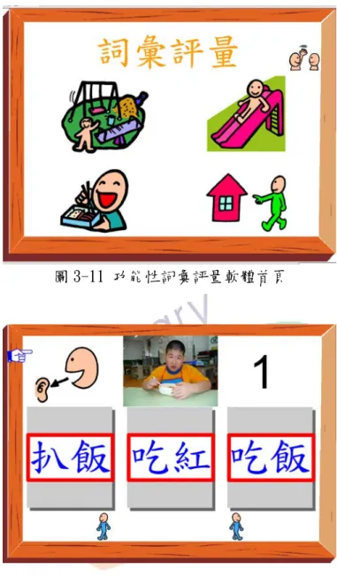 圖 3-11 功能性詞彙評量軟體首頁  圖 3-12 功能性詞彙評量軟體：吃飯  (三)教學策略設計      本研究為教導受試學生功能性詞彙，採用詞彙相關圖片及影片讓受試學生 了解詞彙的意義，進而加深對功能性詞彙的記憶，且利用逐步褪除的圖片或影 片提示來幫助學生確實習得詞彙，如圖 3-5 至 3-7 所示。  三、發展階段  (一)發展流程      本研究依據分析及設計階段的需求，進行資料蒐集與教學軟體的製作，其 過程如下所示：  1.前置作業：根據學習需求分析與學習者分析，開始設計功能性詞彙教學的 內