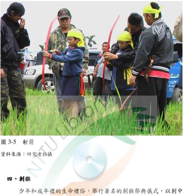 圖 3-5  射箭  資料來源：研究者拍攝  四四四 四、、 、刺猴、刺猴 刺猴 刺猴 少年和成年禮的生命禮俗，舉行著名的刺猴祭典儀式，以刺中 猴頭為榮。這種祭儀習俗藉殺猴，模仿獵頭行為，以培養和訓練少 年的尚武精神。日據時代則禁止殺猴，現在改為用草猴替代（如圖圖圖圖 3-6） 。 