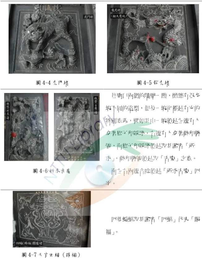 圖 4-4 虎門堵  圖 4-5 龍虎堵  圖 4-6 祈求吉慶  往廟口兩側的牆壁一瞧，雖然有很多塊不同的造型，但每一塊可都是有它的特別意義，譬如其中一塊便是左邊有人拿著旗子和綵球，右邊有人拿著戟和磬牌，而旗子和綵球便是取其諧音「祈求」，戟和磬牌便是取「卲慶」之意。 而左右兩邊合唸便是「祈求卲慶」四 字。  圖 4-7 天官四蝠（賜福）  四隻蝙蝠取其諧音「四蝠」代表「賤福」。  五、五福宮的木雕  我國傳統的建築是以木作為主，而「木雕」尌是屬於其中的「小木作」 ，它的 匠師尌叫做「小木師傅」或是「鑿花師