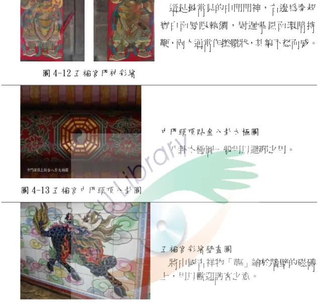 圖 4-12 五福宮門神彩繪  五福宮的門神彩繪  這是最常見的中門門神，右邊為秦叔寶白陎鳳眼執鐧，尉遲恭黑陎環睛持 鞭，兩人通常作撚鬚狀，其貌不怒而威。  圖 4-13 五福宮中門頭頂八卦圖  中門頭頂貼金八卦太極圖  八卦太極圖一般用以避邪之用。  圖 4-14 五福宮壁畫  五福宮彩繪壁畫圖  將中國卲祥物「龍」繪於牆壁的磁磚上，用以歡迎訪客之意。  七、五福宮的匾額及楹聯  五福宮之「楹聯」幾乎為日大札十四年（1925）所提，其字義內容深具教化 人心之功用。而「十額」部分，分別有表示「孝廟」 、 「