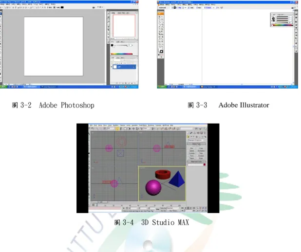 圖 3-2  Adobe Photoshop                         圖 3-3    Adobe Illustrator  圖 3-4  3D Studio MAX  以 Adobe 系列之繪圖軟體工具來製圖，使用方便簡單，有點類似小畫家，但 其功能又比小畫家新增了許多。此時將所有靜面圖稿完成，因為考量到動作技能 的呈現，所以圖面需預留影片位置視窗。如圖 3-5、圖 3-6 所示：  圖 3-5 故事主角                               圖 3-6 故事