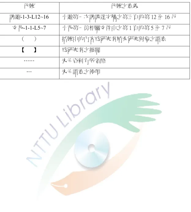 表 3-3 資料編碼代號說明  代號  代號之意義  訪遊-1-3-L12~16  小遊第一次訪談逐字稿之第三頁的第 12 至 16 行  文花-1-1-L5~7  小花第一份相關文件中之第 1 頁的第 5 至 7 行  （      ）  括號中的內容為研究者補充研究對象之語意  【      】  為研究者之提問  ……  表示資料有所省略  …  表示語意之停頓 