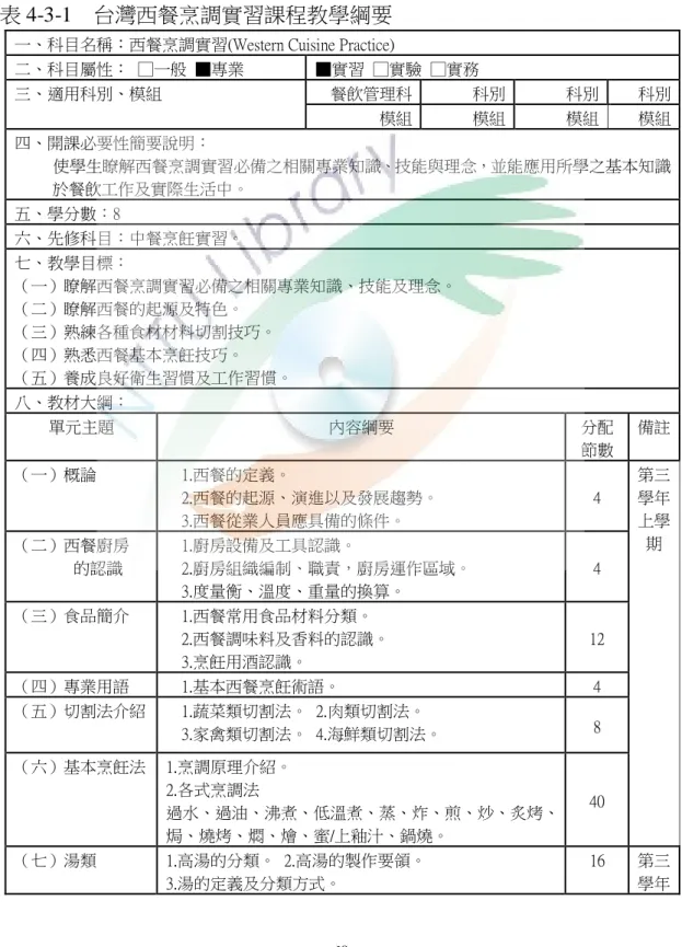 表 4-3-1 為台灣西餐烹調實習課程教學綱要。西餐烹調實習為第三學年上 下學期各四學分的科目。因此本表以每學分 18 節課，設計共 144 節的 內容綱要。詳細教學綱要見表 4-3-1： 