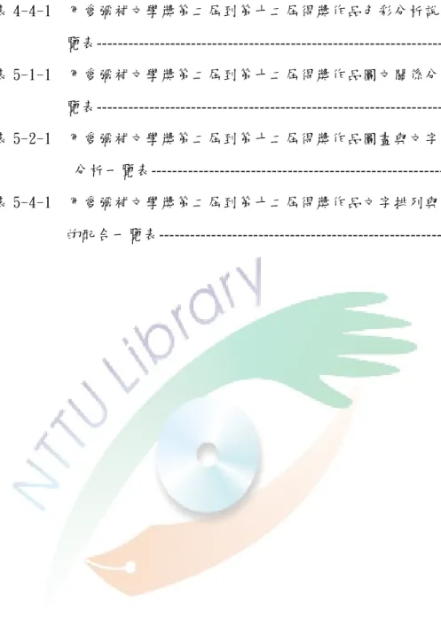 表 5-1-1  用愛彌補文學獎第二屆到第十二屆得獎作品圖文關係分析一           覽表--------------------------------------------------------------------90  表 5-2-1  用愛彌補文學獎第二屆到第十二屆得獎作品圖畫與文字關係            分析一覽表----------------------------------------------------------92  表 5-4-1  用愛彌補文學獎第二屆到第十