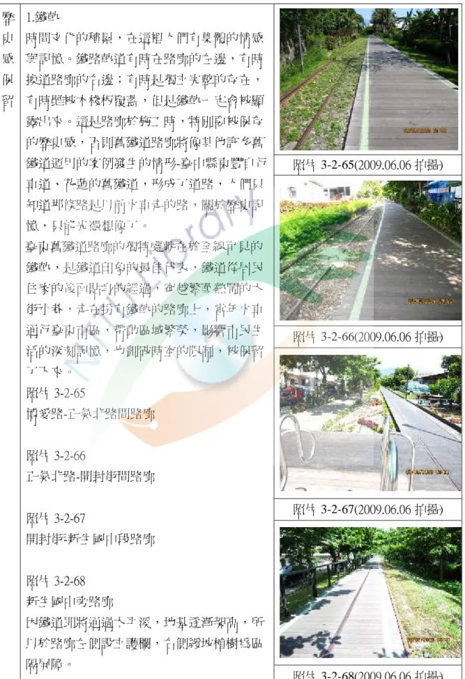 表 3-2-2  高密度使用區建設規劃調查表  照片 3-2-65(2009.06.06 拍攝)  照片 3-2-66(2009.06.06 拍攝)  照片 3-2-67(2009.06.06 拍攝) 歷史感保留 1.鐵軌 時間文化的積累，在這裡人們有集體的情感與記憶。鐵路軌道有時在路廊的左邊，有時換道路廊的右邊；有時是獨立完整的存在，有時雖被木棧板覆蓋，但是鐵軌一定會被顯露出來。這是路廊於施工時，特別要被保存的歷史感，否則舊鐵道路廊將像其他許多舊鐵道運用的案例發生的情形-臺中縣東豐自行車道、花蓮的舊鐵道，
