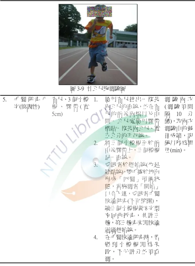 圖 3-9  廿公尺跑測驗圖  5.  手 腳 併 走 八 字(協調性)  布尺、3 個小標桿 、 膠 帶 ( 寬 5cm)  1.  使 用 布 尺 拉 出 一 條 長兩公尺的直線，並在布尺 的 前 後 兩 端 以 及 中 間 一 公 尺 處 使 用 膠 帶 橫貼一條長兩公尺、寬 五公分的平行線。  2