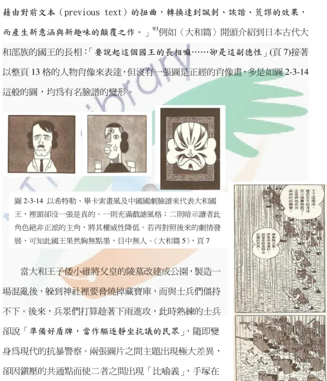 圖 2-3-15,，〈大和篇〉頁 155 引人發噱。漫畫中常將有名的人物、事件、作品做戲謔性的引用以招來趣味的效果，甚至對其諷刺批評一番。         關於模仿，可以文學中的「諧擬」探討之。兒童文學研究者林德姮對「諧擬」是如此定義：「諧擬乃作家基於賞玩或逆反的目的而於形式或體裁上模仿他作，藉由對前文本（previous text）的扭曲，轉換達到諷刺、詼諧、荒謬的效果，而產生新意涵與新趣味的顛覆之作。」93例如〈大和篇〉開頭介紹到日本古代大和部族的國王的長相：「要說起這個國王的長相嘛……卻是這副德性」(