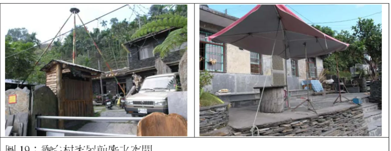 圖 19：霧台村家屋前庭之空間  綜合上述，在日治時期有株式會社在台灣發展月桃產業，但是可能是因為臺 灣省通志稿中所記載的，月桃加工業所需要克服的缺點「銷路不振…產量極微， 且產品收集不易，品質規格難於一致，尚無法大量供應。」使得在當時月桃產業 的發展並沒有延續下來。反觀日本沖繩，從平成 9 年 10 月(1989)開始有「日本 月桃株式会社」 ，在沖繩浜比嘉島約種植有 3000 坪的有機認證月桃 供應約一年 的使用量，提供月桃農園、月桃的利用、月桃精油的分析、月桃的生長等等用途。 106 相形之下，在台灣