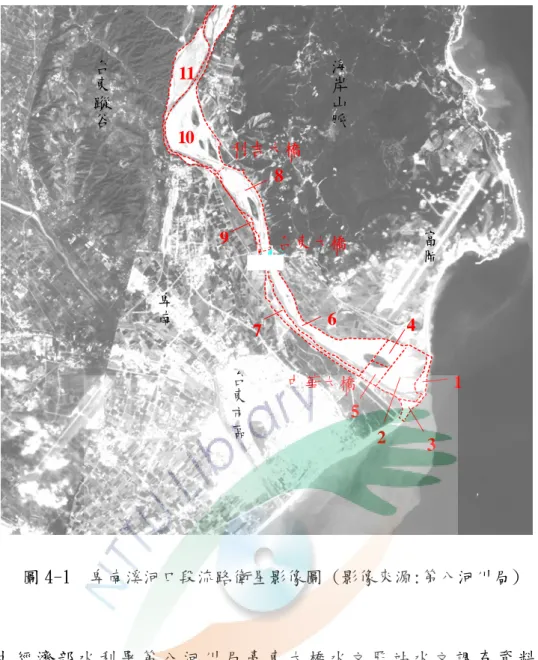 圖 4-1  卑南溪河口段流路衛星影像圖 (影像來源:第八河川局)  另 經 由 經 濟 部 水 利 署 第 八 河 川 局 臺 東 大 橋 水 文 監 站 水 文 調 查 資 料 ， 比 對 河 川 水 位 資 料 與 河 床 裸 露 沙 灘 地 面 積 ， 與 臺 東 市 區 懸 浮 微 粒 值 關 係 ， 如 圖 4-3。   0100200300400500600700800 1 2 3 4 5 6 7 8 9 10 11 12月合計水量(立方米) 05 10152025 月平均水位(M) 月合計月