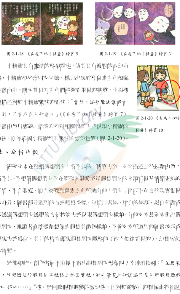 圖 2-1-18  《桌底下的小精靈》跨頁 5 圖 2-1-19 《桌底下的小精靈》跨頁 3         小精靈具有魔法的形象設定，使其具有濃厚的奇幻色 彩，小精靈和秘密朋友阿德一樣只出現於和兒童主角獨處 的畫面中，暗示其只有主角們能夠看得見的特質，小男孩 曾描述對於小精靈魔法的看法： 「當然，這些魔法誰都看 不到，只有我自己知道。」 （ 《桌底下的小精靈》跨頁 7） 圖畫中也以虛線、塗淡的色彩和隱形等方式呈現小精靈的 魔法，更加強調小精靈和其魔法的虛幻性質（圖  2-1-20）。  肆、分析比較   