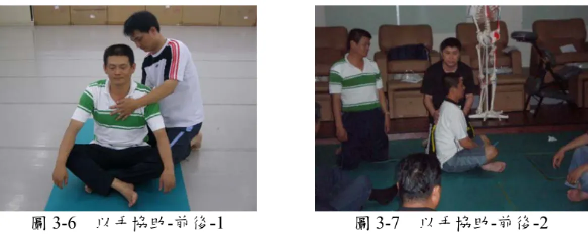 圖 3-6  以手協助-前後-1  圖 3-7  以手協助-前後-2  c.再經一段時間後，請協助者將雙手輕輕移開肋骨兩側，改由一手輕放於盤 坐者的頭頂，另一手置於尾椎骨的地方如圖3-8、3-9所示，同樣以口語提 醒著盤坐者的呼吸是「三度空間」的，協助者也可以利用雙手的主動擴張 性，讓盤坐者更能體會「三度空間」中上下方向的空間。  圖 3-8  以手協助-上下-1  圖 3-9  以手協助-上下-2  d.最後協助者的雙手移開，讓盤坐者自身經由呼吸體會三度空間的呼吸動作 方式，並由意念逐漸引導其藉由身體三度