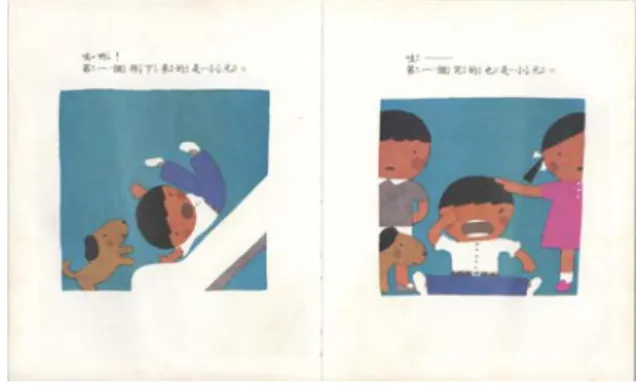 圖 3-1-1《我是第一個》場景 10能透過近距離接觸的經歷，累積相關的印象與觀念，得以在創作之際，迅速掌握精準的方向；二來生活化的事物，其實是一種貼近民情的角度，對能夠形成集體意識的共同經驗進行一項紀錄，容易製造似曾相識的親切感，或是「啊！」的一聲，某種恍然大悟的熟悉感，彷彿掉入時光倒轉的旅行，重拾了直接又單純的童年經驗。 （一）五味參雜的心情體驗     人類的心情是一種極為複雜細膩的情感表現，如人飲水寒暖自知，針對同樣一件事情，發生在相異的人身上，會產生程度等級上的反應與影響，這是因為情 緒會因外在環