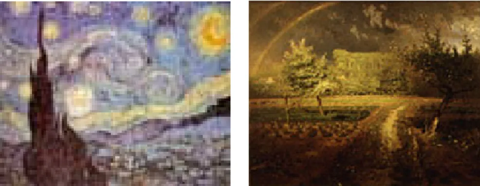 圖 62 梵谷◆星夜，1889 年，油彩，畫布， 73.7＊92.1 公分，紐約現代美 術館藏  圖 63 米勒◆星空，1855-67 年，美國耶魯大學美術館藏  圖 64 梵谷◆夕陽下的播種者，1888 年， 64＊80.5 公分，油彩，畫布，荷蘭國立渥 特羅庫勒穆勒美術館藏  圖 65 米勒◆播種者 ， 1850 年，99.7＊80公分，油彩，日本山梨縣立美術館藏 （3）達利早期的作品，擅長將日常的物件加以變形、誇張和引申，力求 探索那捕捉時間相距遙遠的點，那種夢境似的氛圍，使之成為人們 潛意識的畫像。