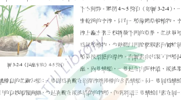 圖 3-2-4）、12～13 跨頁（如圖 3-2-7）和 36～37 跨頁（如圖 3-2-8）中的昆蟲世 界，呈現一種「概念圖像 63 」的拼貼。作者在此時期還缺乏自然觀察的豐富體驗， 對生物習性及各種肢體尚未通徹了解；而且描繪的是昆蟲的標本，透過冰冷、僵 硬的屍體，是難以進入昆蟲充滿生命、繽紛世界的想像。  描繪標本的生態表現，將描繪得來的昆蟲圖像，搭配在野外攝影的場景， 拼貼出作者腦中所想像的生態景象。由作者藉由想像得來的生態景象，總是顯得  不太對勁。舉例 4～5 跨頁（如圖 3-2-4），一 座乾淨