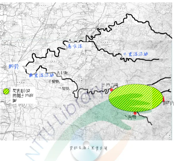 圖 4-2 契書編號(中)2 之土地範圍  新營 龜重溪流域 急水溪 六重溪流域 土地公崎吉貝耍 大腳腿小腳腿 頂坪山 下南勢契書(中)2推測土地範圍 資料來源：筆者自繪  葉大觀宗族擁有的土地龐大。根據宗譜中各世殮葬地點分散在十八重溪之 內，以及契書編號(中)2 列出的土地範圍可以大致判斷，前大埔土地公廟附近、 二坑坪上庄(疑二坑埔)、加東湖(大埔庄晒布埔)、七分園(今地不明)，以及土地公 崎至下南勢全為該宗族所有。(表 4-13)  表 4-13 葉氏宗族土地範圍  編 號  地點  資料內容整理  來