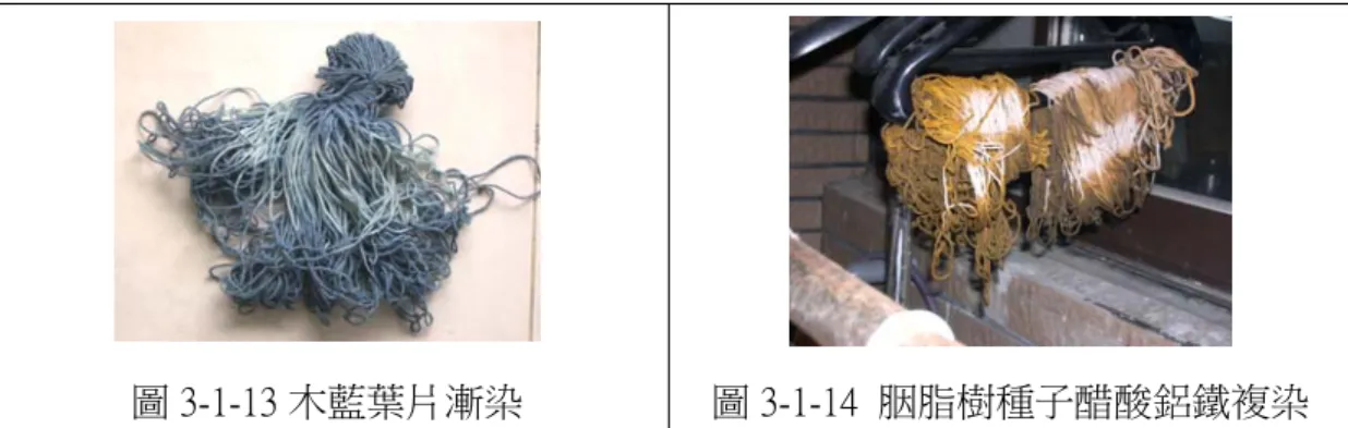 圖 3-1-13 木藍葉片漸染  圖 3-1-14  胭脂樹種子醋酸鋁鐵複染  四、完成線材  本研究創作所使用的線材如下表 3-1-3 所示。  表 3-1-3、創作所使用染線表  植物名稱  部位  染線方式  媒染劑  線材照片  裡白葉薯蕷  塊莖  煮染/冷染 （１）無媒染 （２）石灰  黃蘗  幹皮  煮染  （１）無媒染 （２）石灰  台灣胡桃木  樹幹  煮染  （１）無媒染 （２）石灰  大葉欖仁  葉片  煮染  （１）無媒染 （２）石灰 