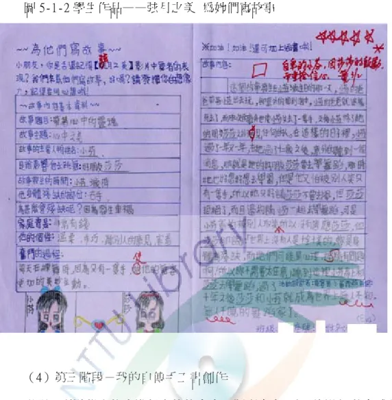 圖 5-1-2 學生作品——弦月之美 為她們寫故事            （4）第三階段－我的自傳手工書創作      說明－引導學生依序進行自傳的書寫—擬訂書名、主副標題、依各成長階段 敘述（含出生、幼稚園、低年級、中年級、高年級及未來） 、自序，將此書與父 母分享後，邀請寫他序；接著寫版權頁、編頁碼、設計目次頁後，將生命歷程表 貼上並寫上編後語。從表 5-1-3 可看出有五位同學沒有敘述幼兒階段，有一位同 學沒有敘述出生的我；其餘同學均能依各階段完成敘述。 