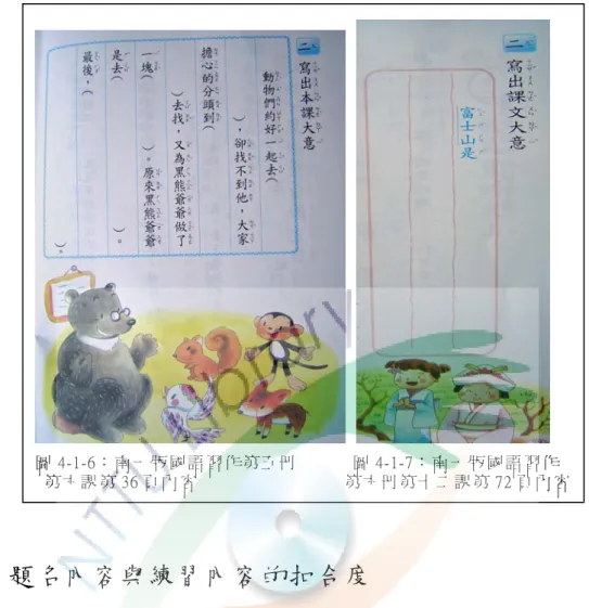圖 4-1-6： 南 一 版 國 語 習 作 第 五 冊             圖 4-1-7： 南 一 版 國 語 習 作   第 六 課 第 36 頁 內 容                                 第 六 冊 第 十 二 課 第 72 頁 內 容            二、題名內容與練習內容的扣合度 探 討 過 題 名 的 外 在 形 式 與 內 在 組 成 成 分 後 ， 接 著 研 究 者 藉 由 題 名 傳 達 的 題 意 來 檢 驗 與 練 習 內 容 的 扣 合 度