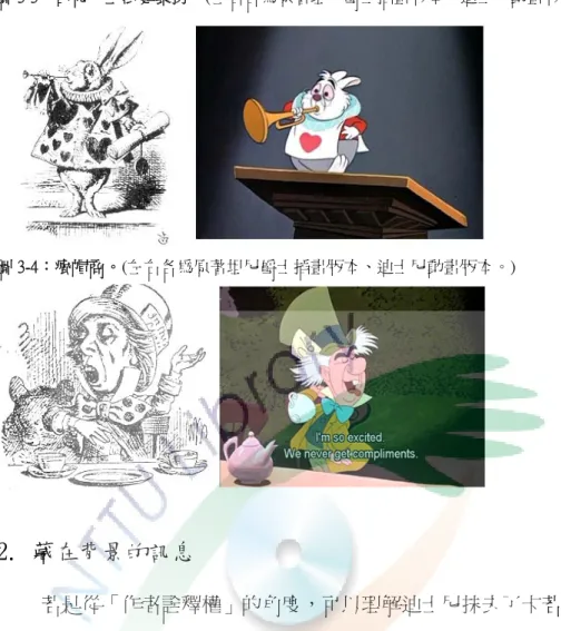圖 3-3：白兔先生法庭裝扮。(左右各為原著坦尼爵士插畫版本、迪士尼動畫版本。) 圖 3-4：瘋帽商。(左右各為原著坦尼爵士插畫版本、迪士尼動畫版本。) 2.  藏在背景的訊息  若是從「作者詮釋權」的角度，可以理解迪士尼抹去了卡若爾和坦尼 爵士的痕跡；但是兩部原著除了作者與繪者的天縱英才、也是維多利亞時 代背景下獨有出生的作品。 「時空定位」是任何劇本首要功課之一，迪士尼 沒有明講，但是我們看到：在掉落兔子洞的過程，愛麗絲遇上的各種物件、 紅磚牆、燒著柴火的壁爐，不就是維多利亞時期中產階級的家庭配備；而 