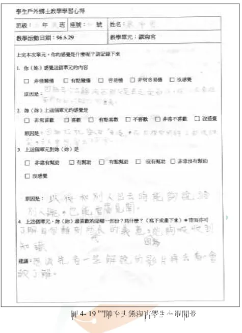 圖 4- 19 鬥陣來去鎮海宮學生心得問卷 五、教學活動中遭遇到的問題陳述 (一) 黑鮪魚街車到七月初就要停駛，又家長仍以考試成績為衡量老師是否盡責 的標準，礙於現實考量，只能考完試之後才安排戶外教學課程，這是課程進 行時很大的挑戰。尤其是路程遠又搭車，所花時間較長的 課程安排不順利。 (二) 就學生的學習而言，戶外教學仍是學習的一部分，和學校辦理的戶外教學 活動 (旅行或遠足)，學習心態上應該是有區別的。有些學生以自由放鬆的 態度上課，在秩序管控上須花較多的力氣。