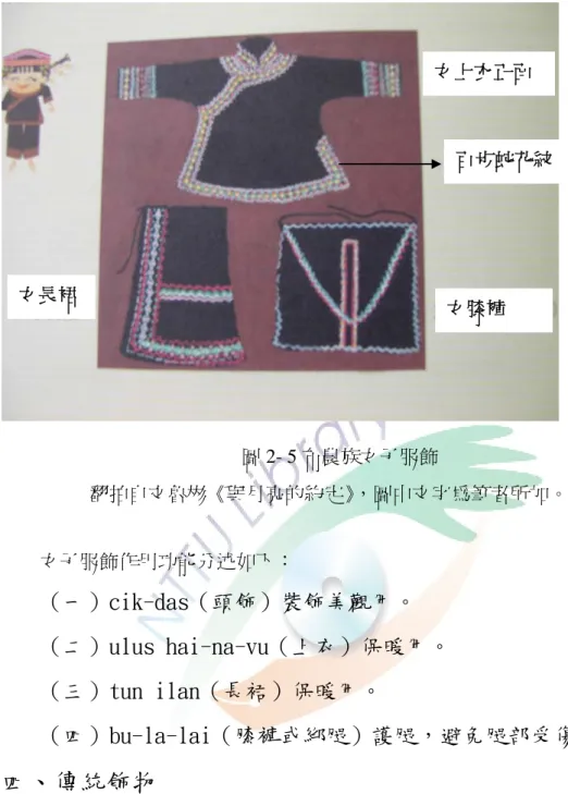 圖 2- 5 布農族女子服飾  翻拍自文魯彬《與月亮的約定》 ，圖中文字為筆者所加。  女子服飾作用功能分述如下：  （一）cik-das（頭飾）裝飾美觀用。  （二）ulus hai-na-vu（上衣）保暖用。  （三）tun ilan（長裙）保暖用。  （四）bu-la-lai（膝褲或綁腿）護腿，避免腿部受傷。  四、傳統飾物          目前在利稻部落田野採集所見，搭配傳統服裝的飾物男子四種，女子有五 種，分述如下：  （一）男子的飾物          1.頭飾：大部分是紅色，棉布為質地，以珠
