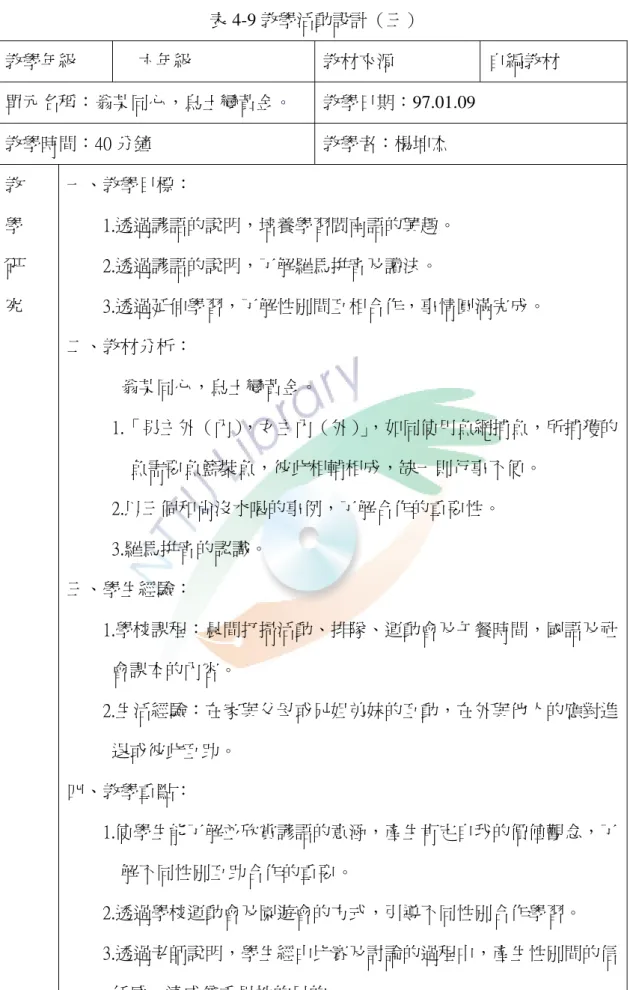 表 4-9 教學活動設計（三）  教學年級    六年級  教材來源  自編教材  單元名稱：翁某同心，烏土變黃金。  教學日期：97.01.09  教學時間：40 分鐘  教學者：楊坤杰  教  學  研  究  一、教學目標：          1.透過諺語的說明，培養學習閩南語的興趣。         2.透過諺語的說明，了解羅馬拼音及讀法。          3.透過延伸學習，了解性別間互相合作，事情圓滿完成。  二、教材分析：              翁某同心，烏土變黃金。           
